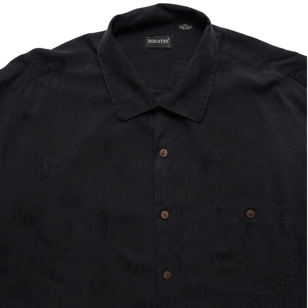 Riscatto‎ Silk Shirt Mens XXL Black Nautical Fish Resort Button Up